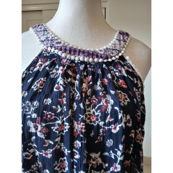 J. Gee Boho Floral Halter Dress Tunic M Navy Blue Embroidered Trim Sleeveless - Picture 5 of 13